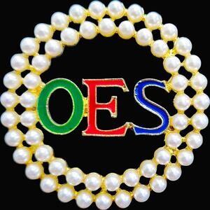 OES Eastern Star Brooch Pin with White Pearls and Multicolored Rhinestones